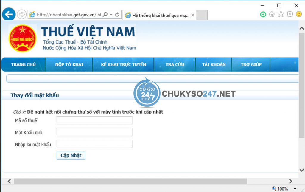 Lấy lại mật khẩu kê khai thuế qua mạng chukyso247.net